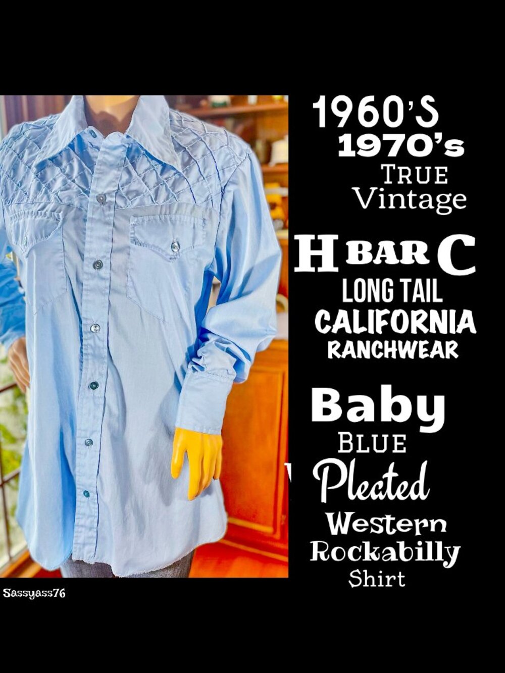▪️VTG▪️H BAR C▪️Retro Baby Blue Pleated Western Rockabilly Button Down Shirt